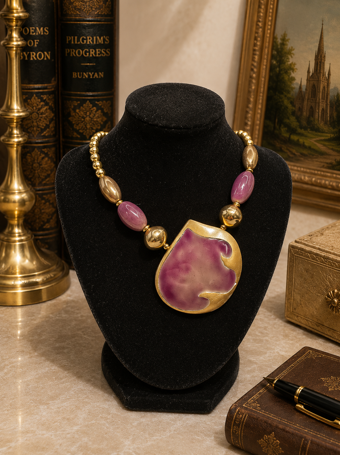 Gold-tone necklace with large purple enamel pendant and purple bead accents