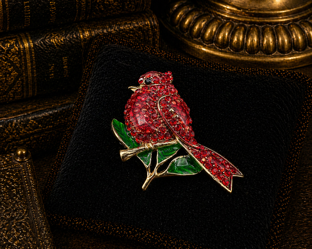 Gold-tone cardinal bird brooch with red crystal body and green enamel-style leaves