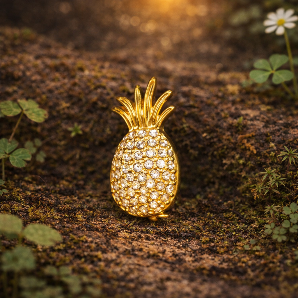 Small gold-tone pineapple brooch with pavé clear rhinestone body