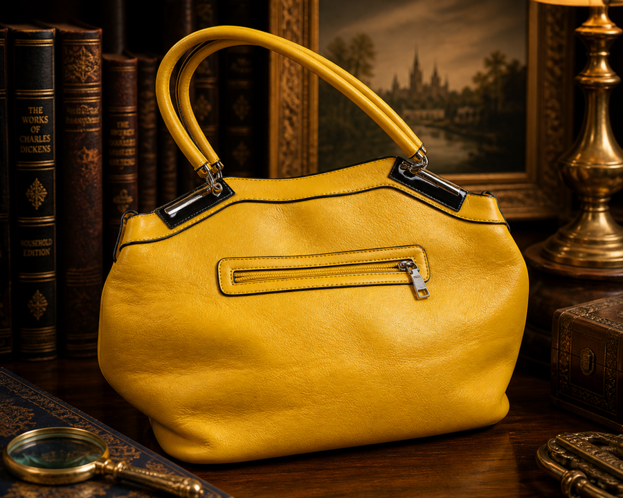 Lemon yellow faux leather shoulder bag with black accent trim