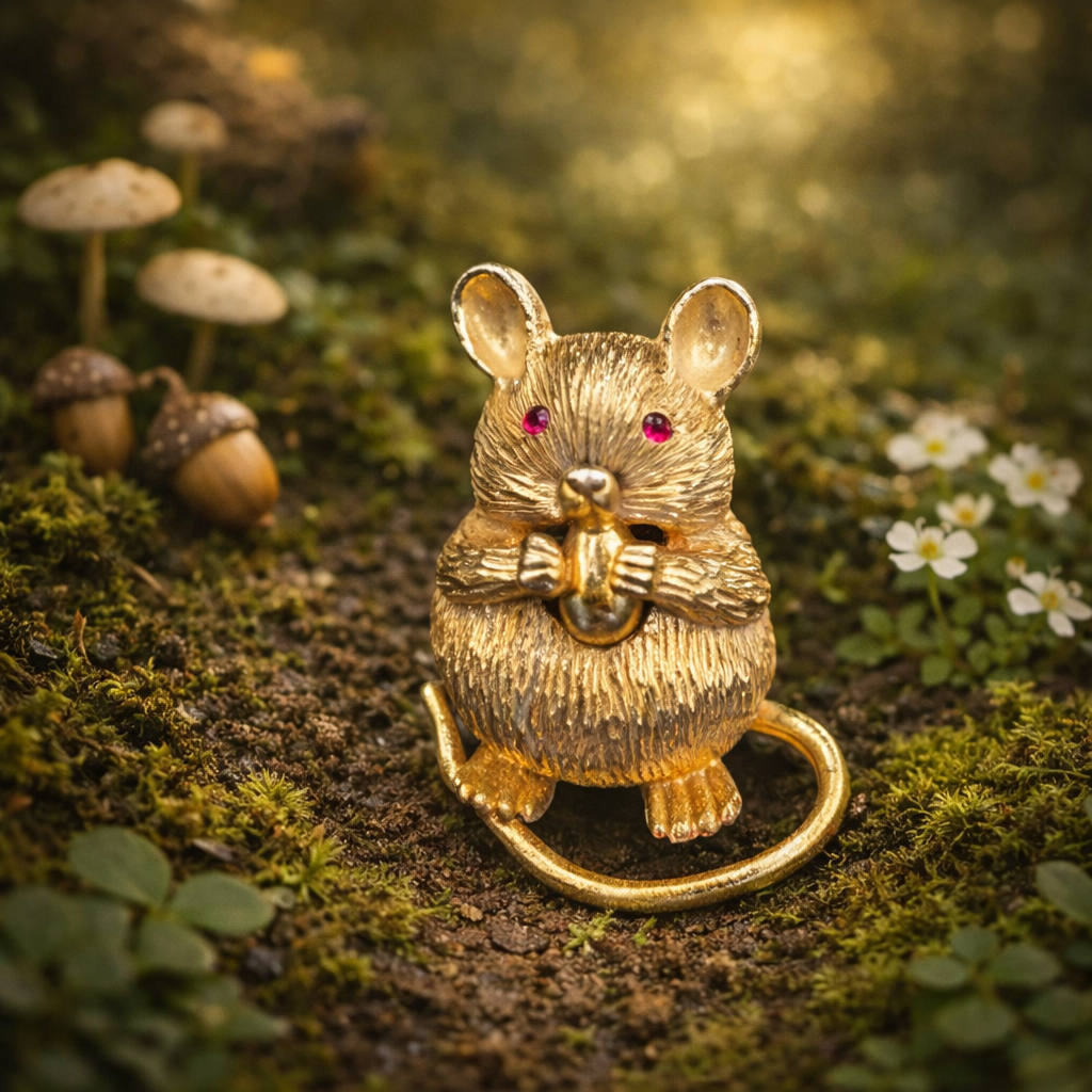 Signed DeNicola gold-tone mouse brooch holding a morsel with pink eyes and curling tail