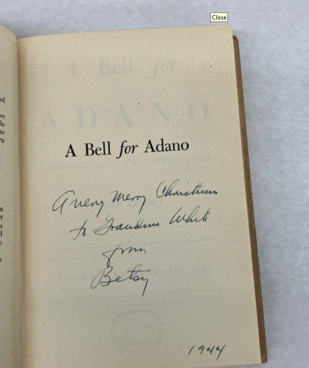 A Bell for Adano by John Hersey 1944 Knopf First Edition Fourth Printing with Dust Jacket
