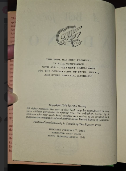 A Bell for Adano by John Hersey 1944 Knopf First Edition Fourth Printing with Dust Jacket