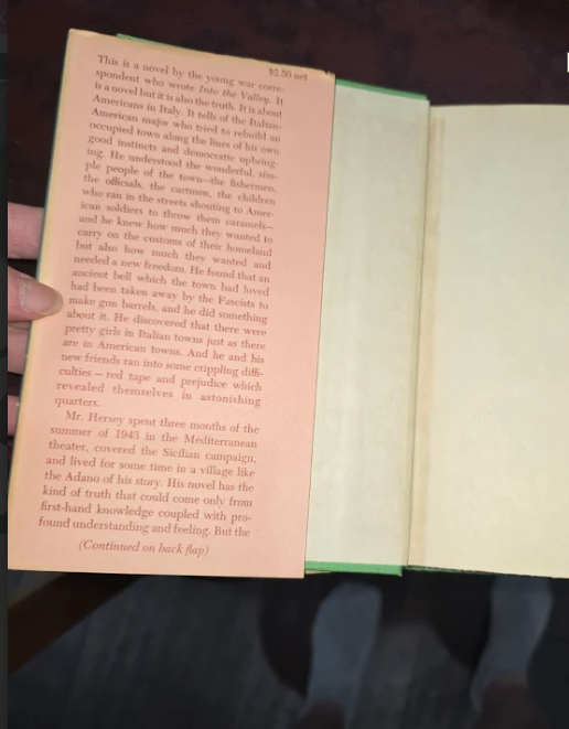 A Bell for Adano by John Hersey 1944 Knopf First Edition Fourth Printing with Dust Jacket