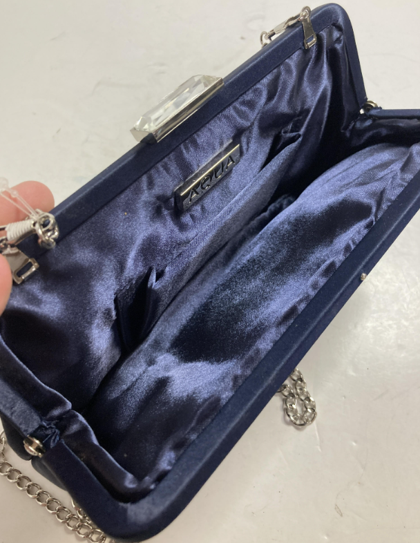 Aqua Navy Satin Clutch with Chain Strap Structured Evening Bag