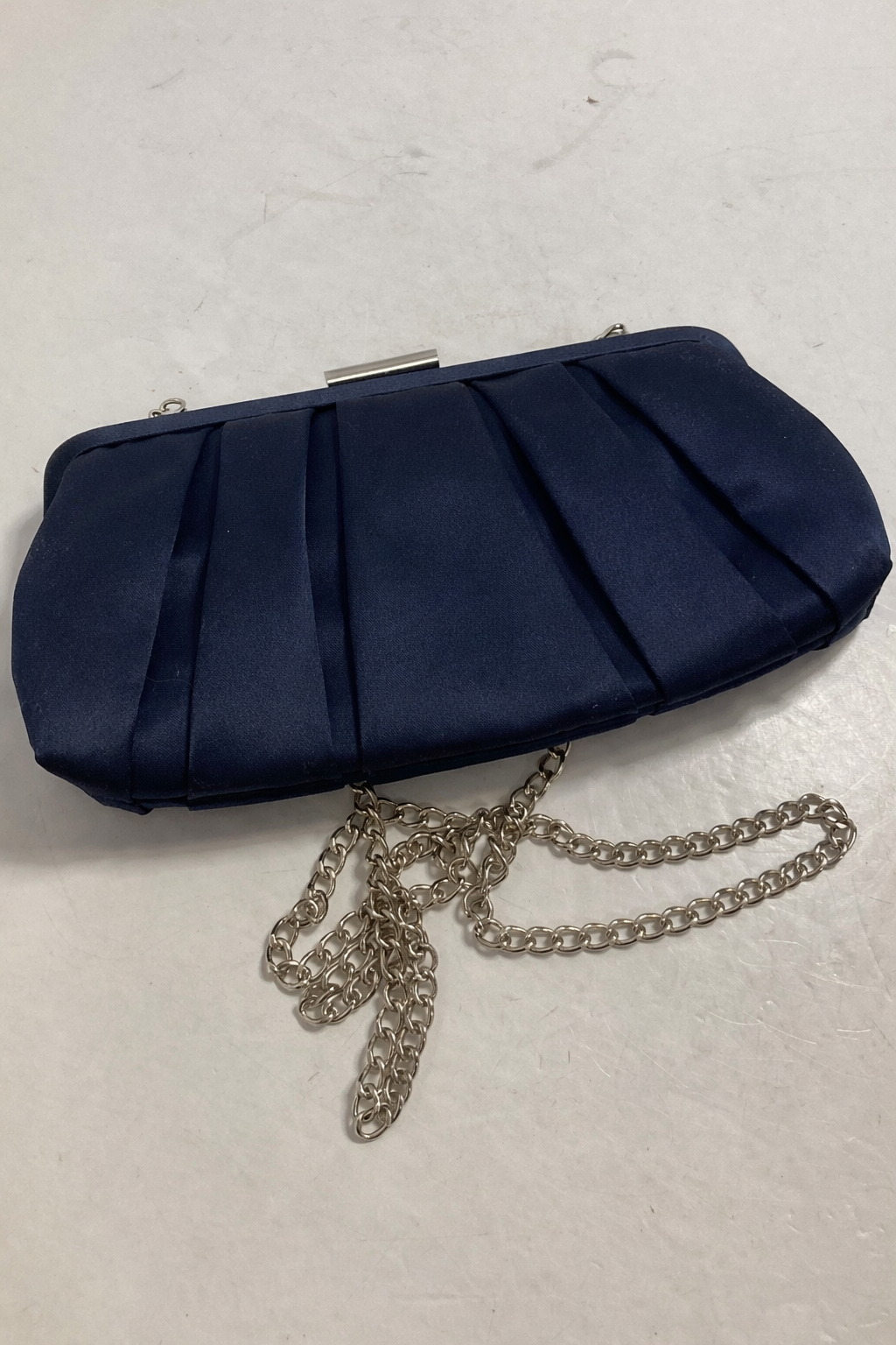 Aqua Navy Satin Clutch with Chain Strap Structured Evening Bag