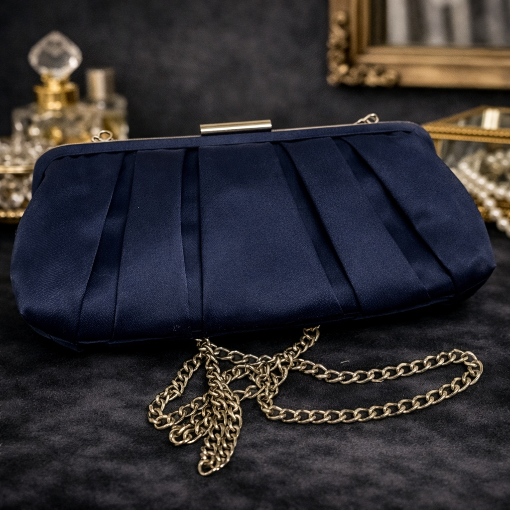 Aqua Navy Satin Clutch with Chain Strap Structured Evening Bag