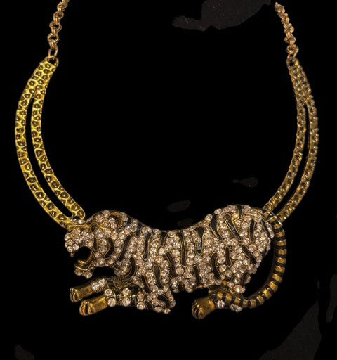Vintage Amrita Singh Signed Tiger Necklace, Gold Tone Enamel & Rhinestone Couture Statement Necklace