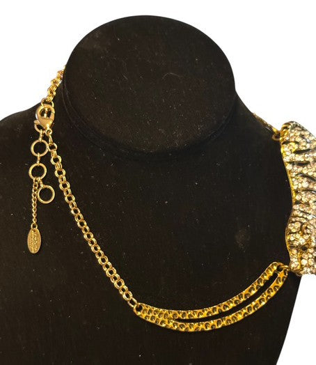 Vintage Amrita Singh Signed Tiger Necklace, Gold Tone Enamel & Rhinestone Couture Statement Necklace