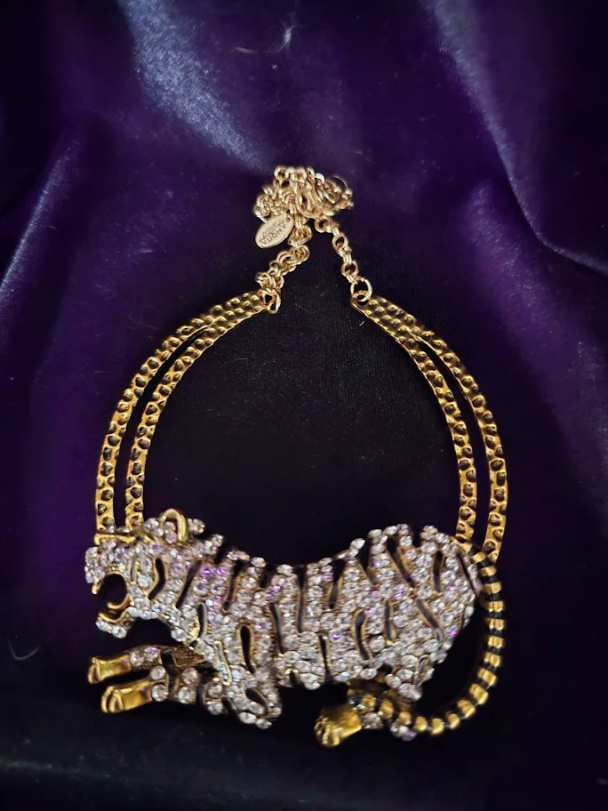 Vintage Amrita Singh Signed Tiger Necklace, Gold Tone Enamel & Rhinestone Couture Statement Necklace