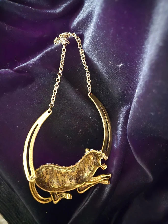 Vintage Amrita Singh Signed Tiger Necklace, Gold Tone Enamel & Rhinestone Couture Statement Necklace