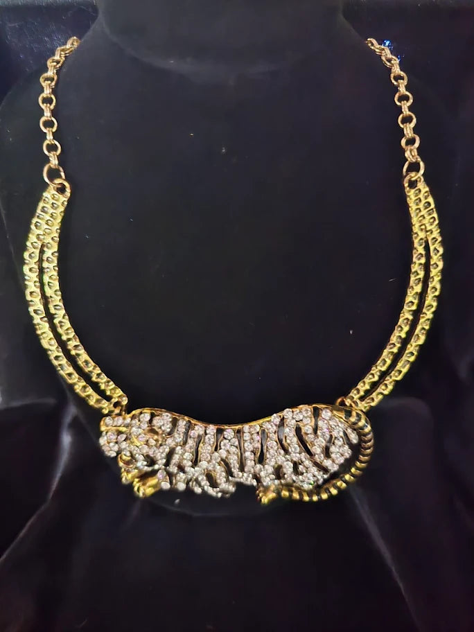 Vintage Amrita Singh Signed Tiger Necklace, Gold Tone Enamel & Rhinestone Couture Statement Necklace