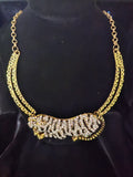 Vintage Amrita Singh Signed Tiger Necklace, Gold Tone Enamel & Rhinestone Couture Statement Necklace