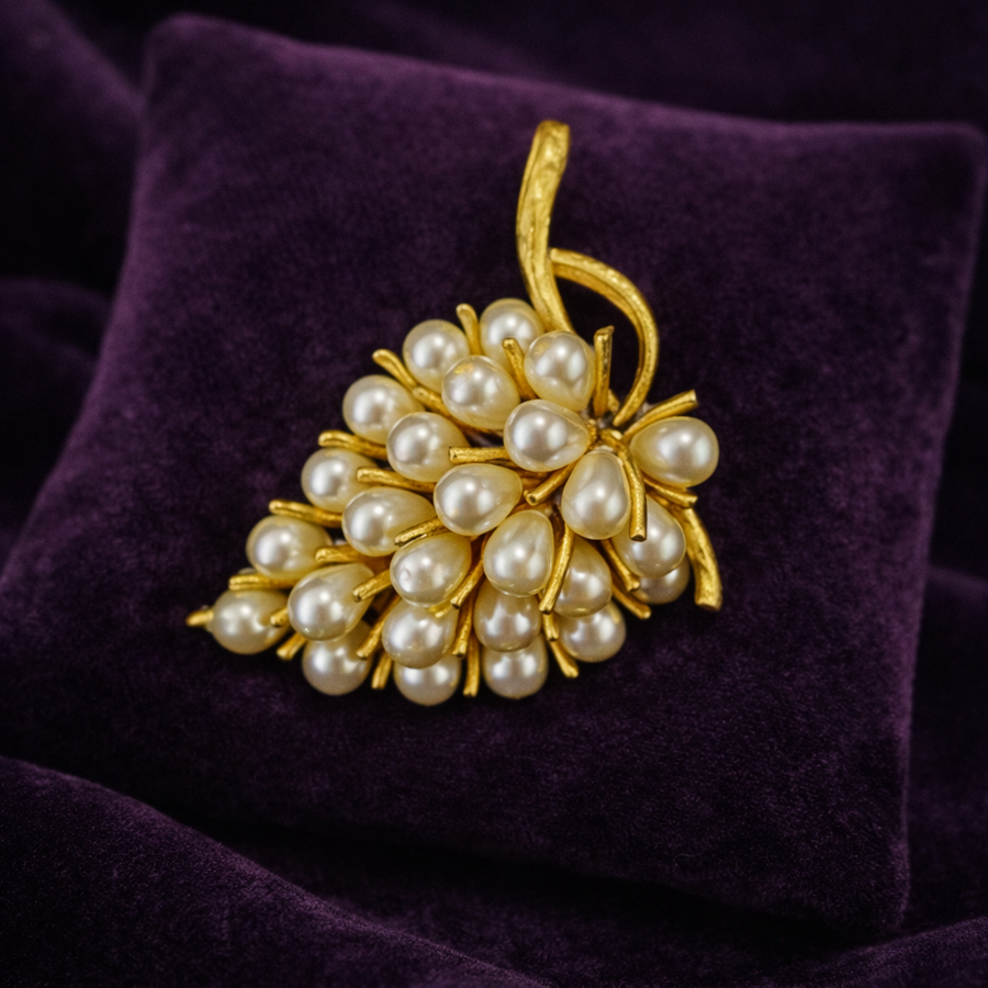 Signed ART gold-tone grape cluster brooch with faux pearls