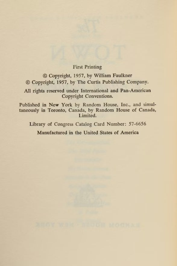 The Town by William Faulkner, 1957 Random House first edition in unclipped dust jacket, view 4