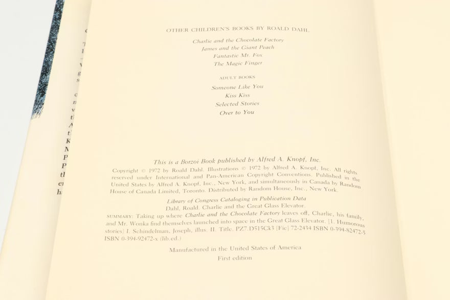 Charlie and the Great Glass Elevator by Roald Dahl 1972 First Edition Alfred A Knopf Hardcover with Dust Jacket