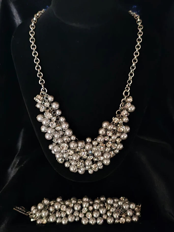 Autograph Designer Pearl & Crystal Statement Necklace and Bracelet Set – UV Reactive Pearls