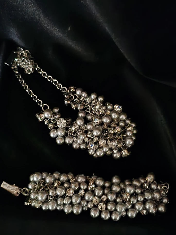 Autograph Designer Pearl & Crystal Statement Necklace and Bracelet Set – UV Reactive Pearls