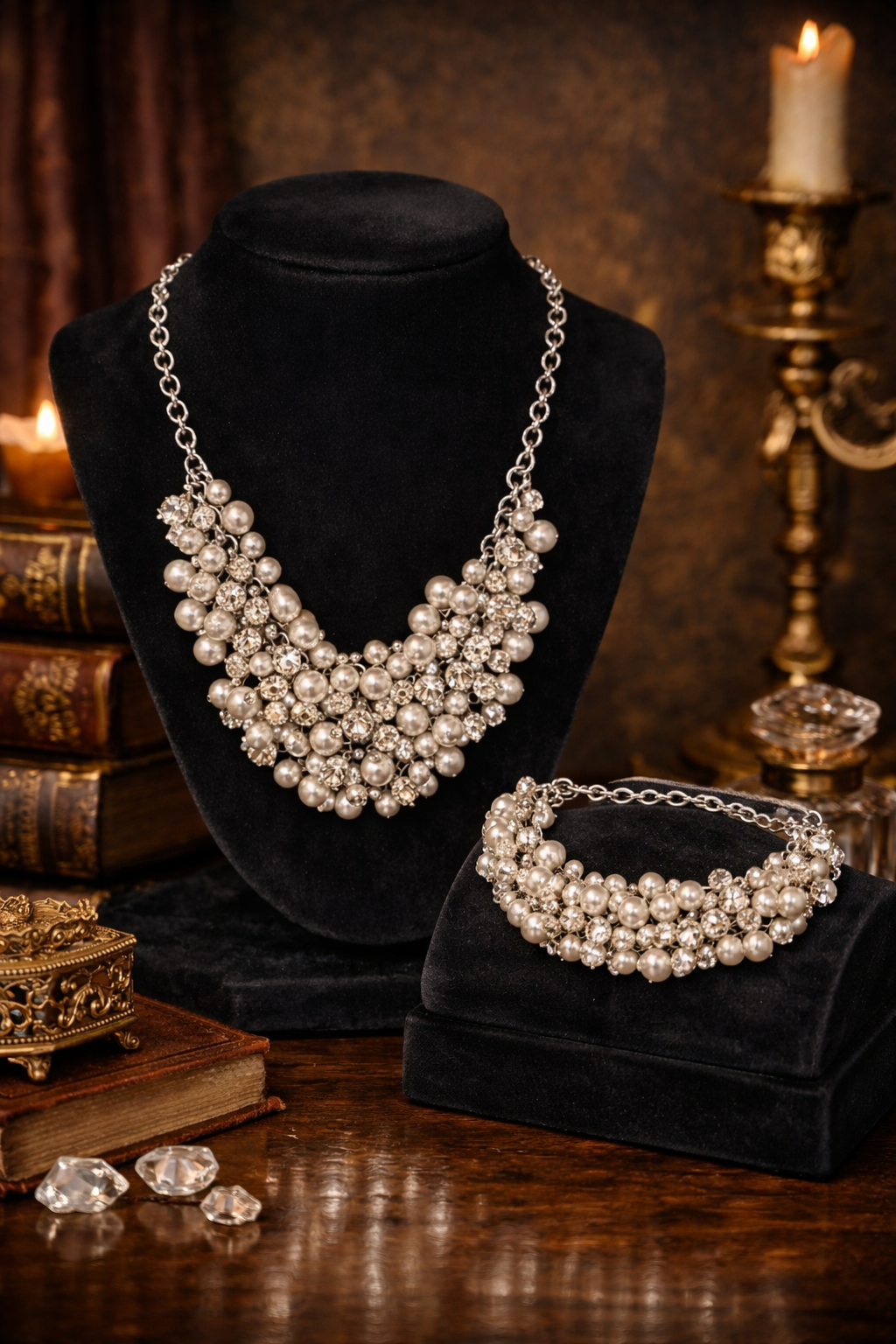 Autograph Designer Pearl & Crystal Statement Necklace and Bracelet Set – UV Reactive Pearls