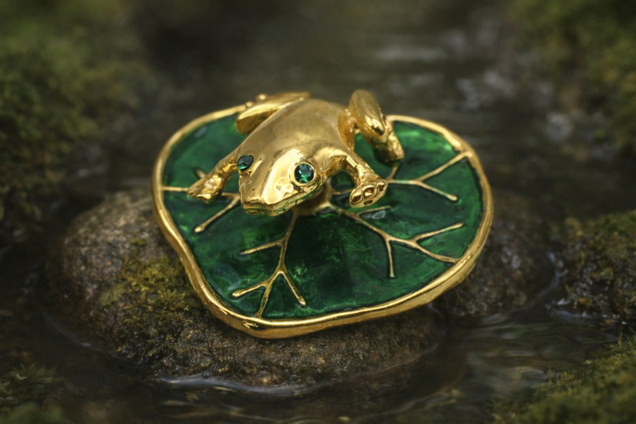 Gold-tone articulated frog brooch seated on a green enamel lily pad