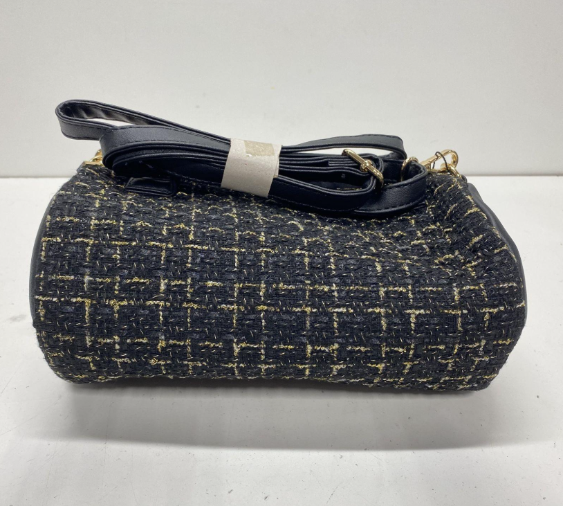 Badgley Mischka black tweed plaid barrel crossbody bag with gold threading and gold-tone hardware, view 3
