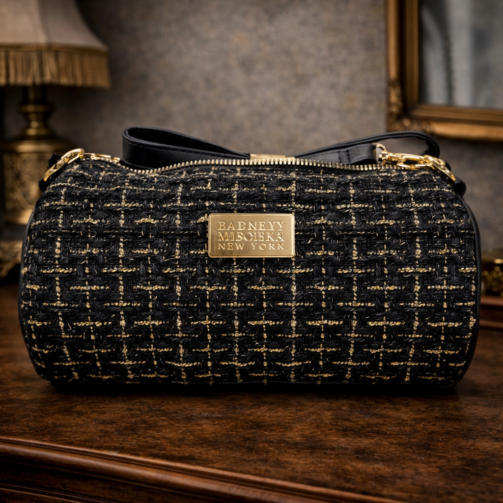 Badgley Mischka New York Black Tweed Plaid Crossbody Bag Gold Hardware Adjustable Strap Like New