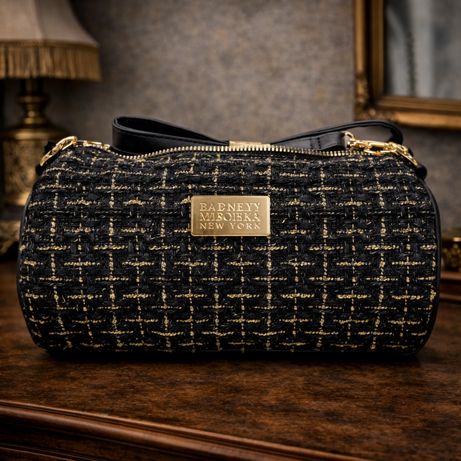 Badgley Mischka black tweed plaid barrel crossbody bag with gold threading and gold-tone hardware