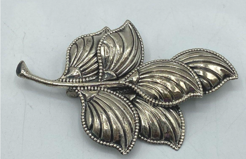Signed Beau Sterling silver leaf brooch with raised veins, view 2