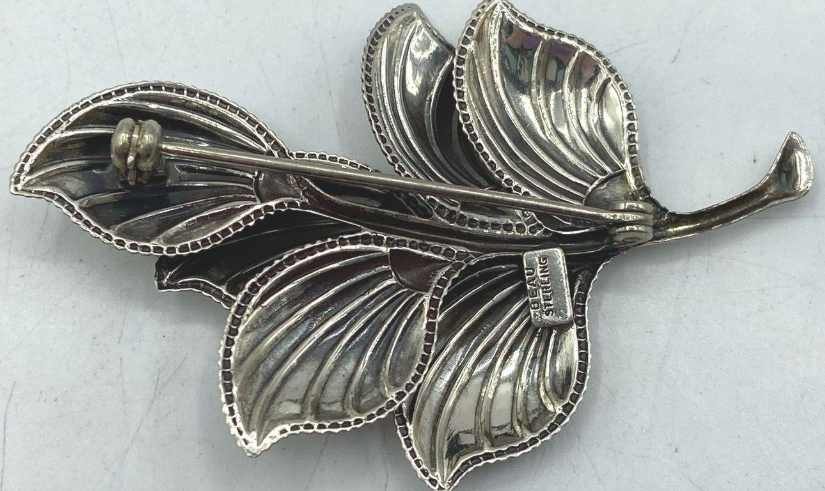 Signed Beau Sterling silver leaf brooch with raised veins, view 3