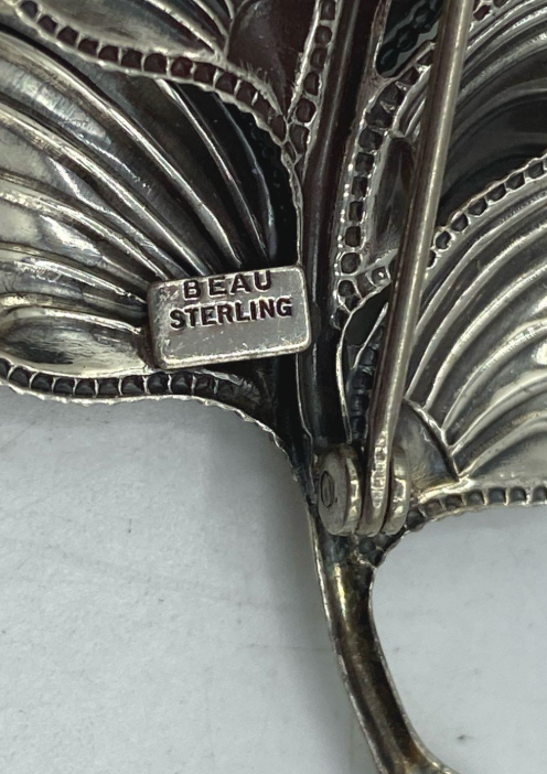 Signed Beau Sterling silver leaf brooch with raised veins, view 4