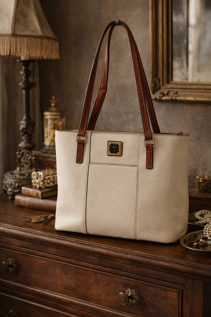Dooney and Bourke bone cream pebbled leather Lexington shopper tote with tan straps