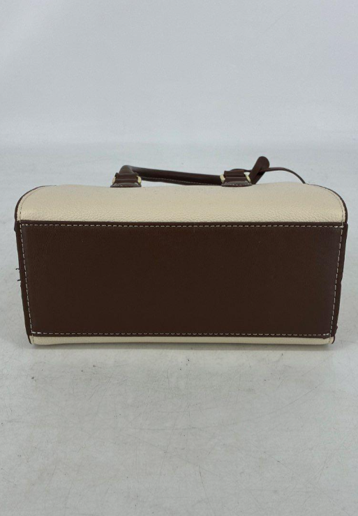 Chic Cream & Brown Mini Structured Satchel Crossbody | Elegant Neutral Colorblock Handbag 8.75”