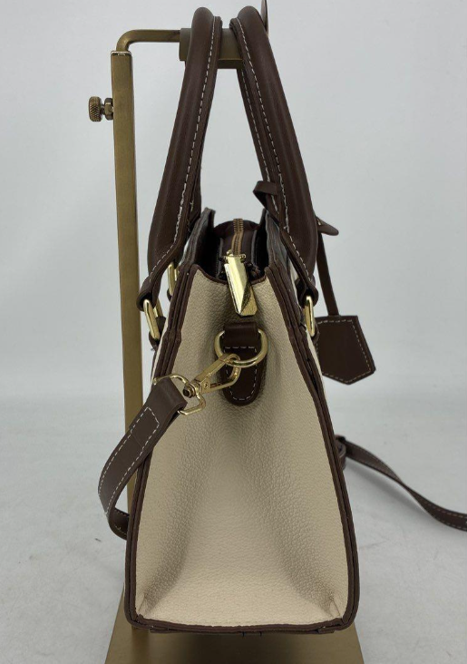 Chic Cream & Brown Mini Structured Satchel Crossbody | Elegant Neutral Colorblock Handbag 8.75”
