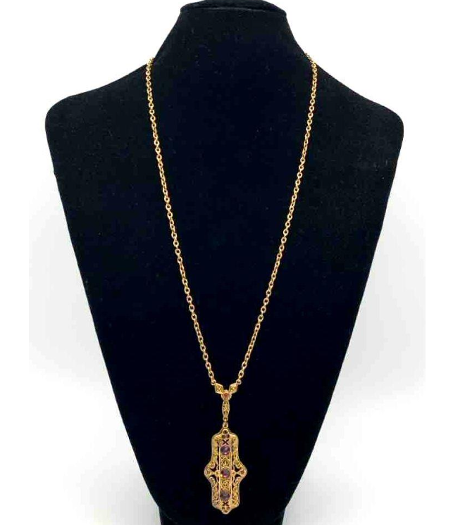 Berebi Limited Edition Filigree Pendant Necklace Gold Tone Purple Stone Signed Necklace