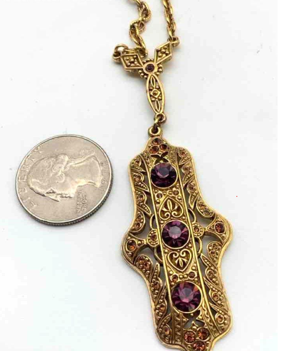 Berebi Limited Edition Filigree Pendant Necklace Gold Tone Purple Stone Signed Necklace