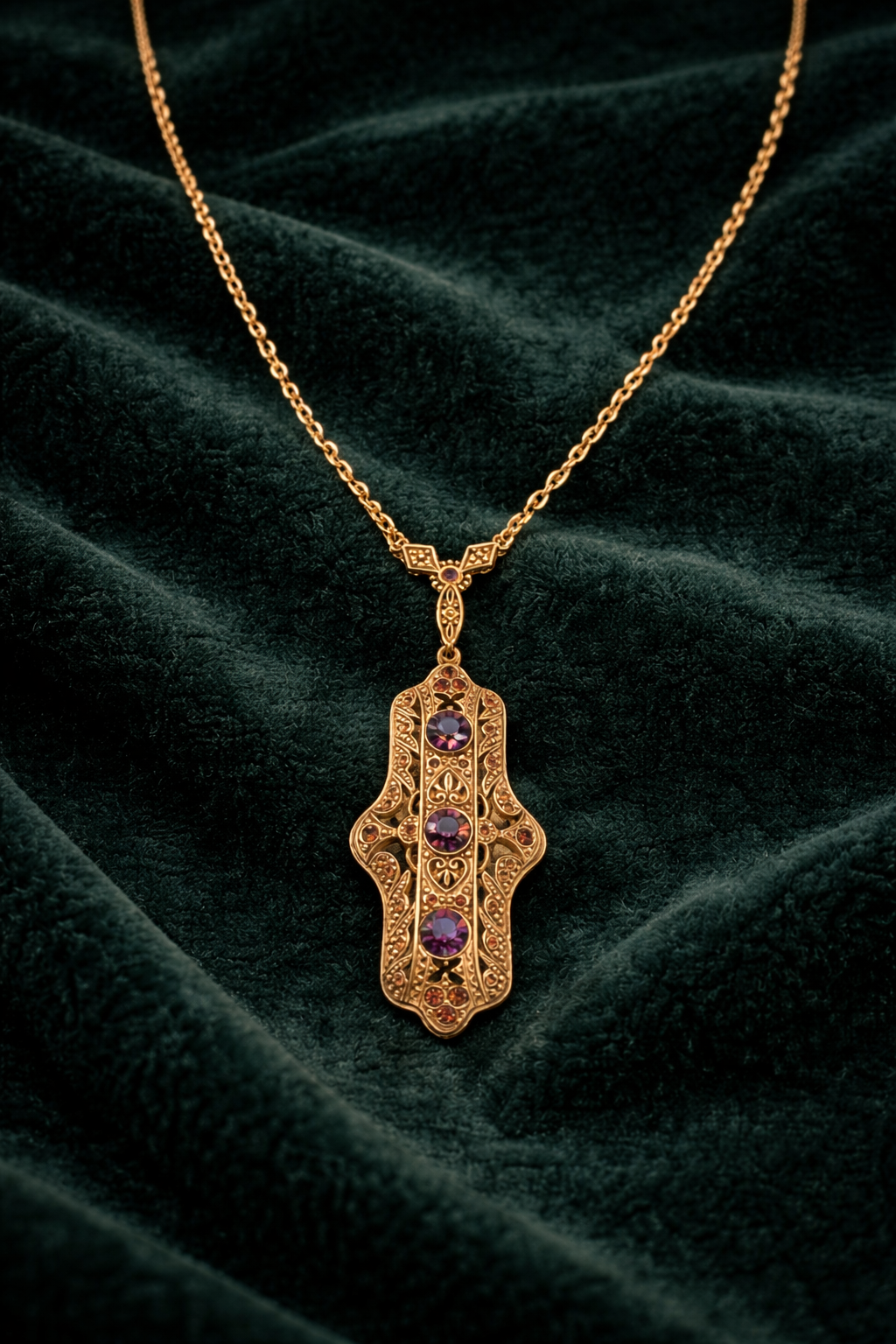 Berebi Limited Edition Filigree Pendant Necklace Gold Tone Purple Stone Signed Necklace