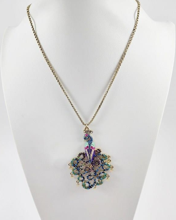 Betsey Johnson Crystal Peacock Pendant Necklace | Gold Tone Blue Purple Rhinestone Statement Necklace