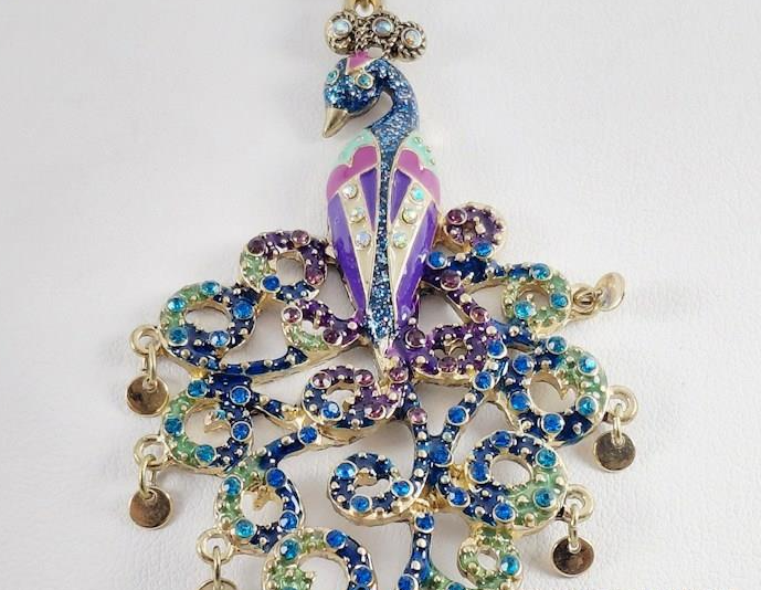 Betsey Johnson Crystal Peacock Pendant Necklace | Gold Tone Blue Purple Rhinestone Statement Necklace