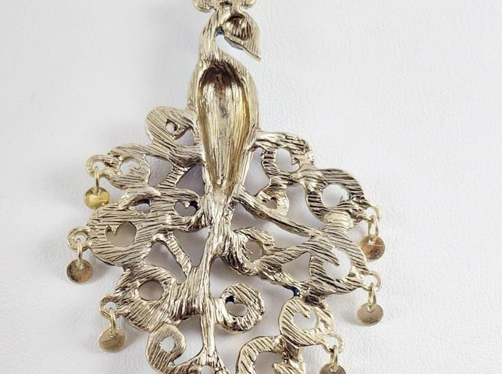 Betsey Johnson Crystal Peacock Pendant Necklace | Gold Tone Blue Purple Rhinestone Statement Necklace