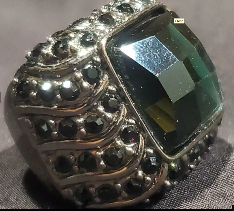 Bold Unisex Statement Ring with Dark Green Faceted Stone & Black Crystal Accents