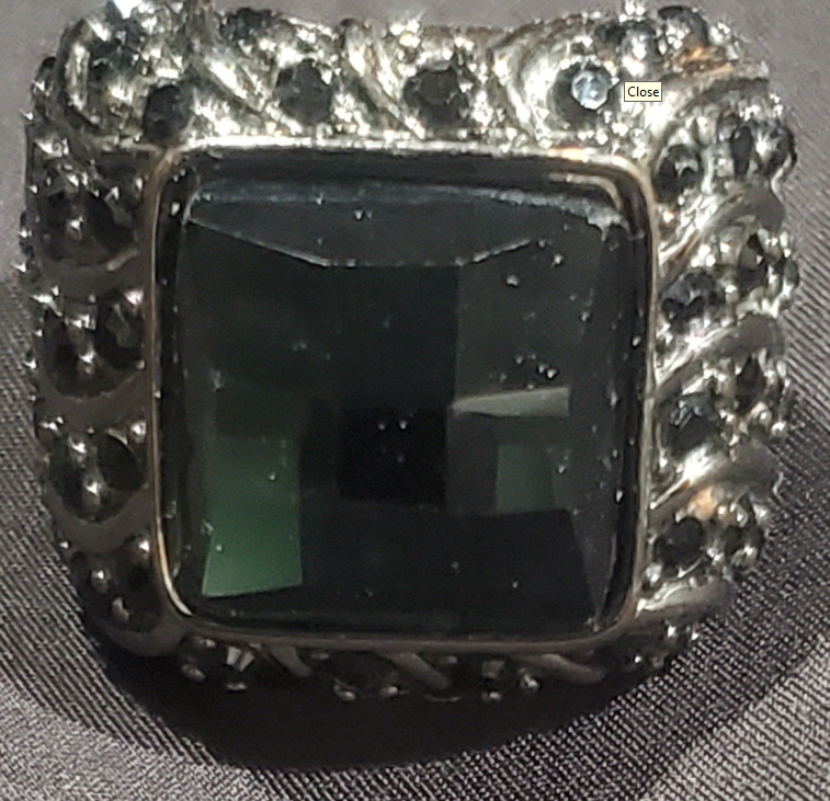 Bold Unisex Statement Ring with Dark Green Faceted Stone & Black Crystal Accents