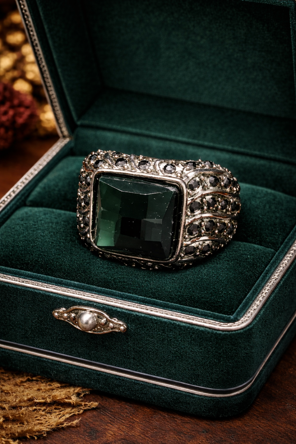 Bold Unisex Statement Ring with Dark Green Faceted Stone & Black Crystal Accents