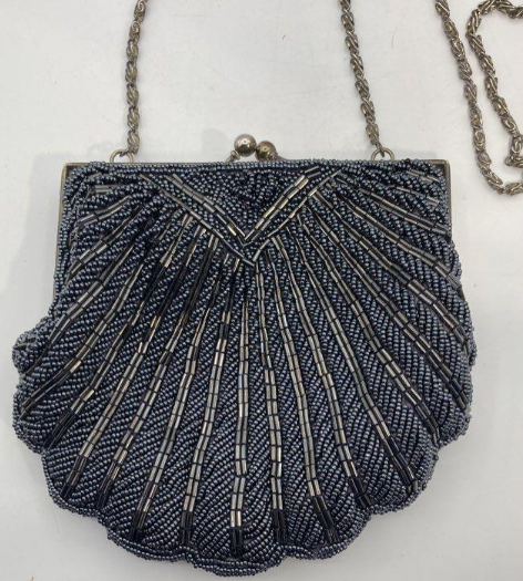 La Regale Vintage Black Beaded Evening Bag with Chain Strap Small Formal Purse