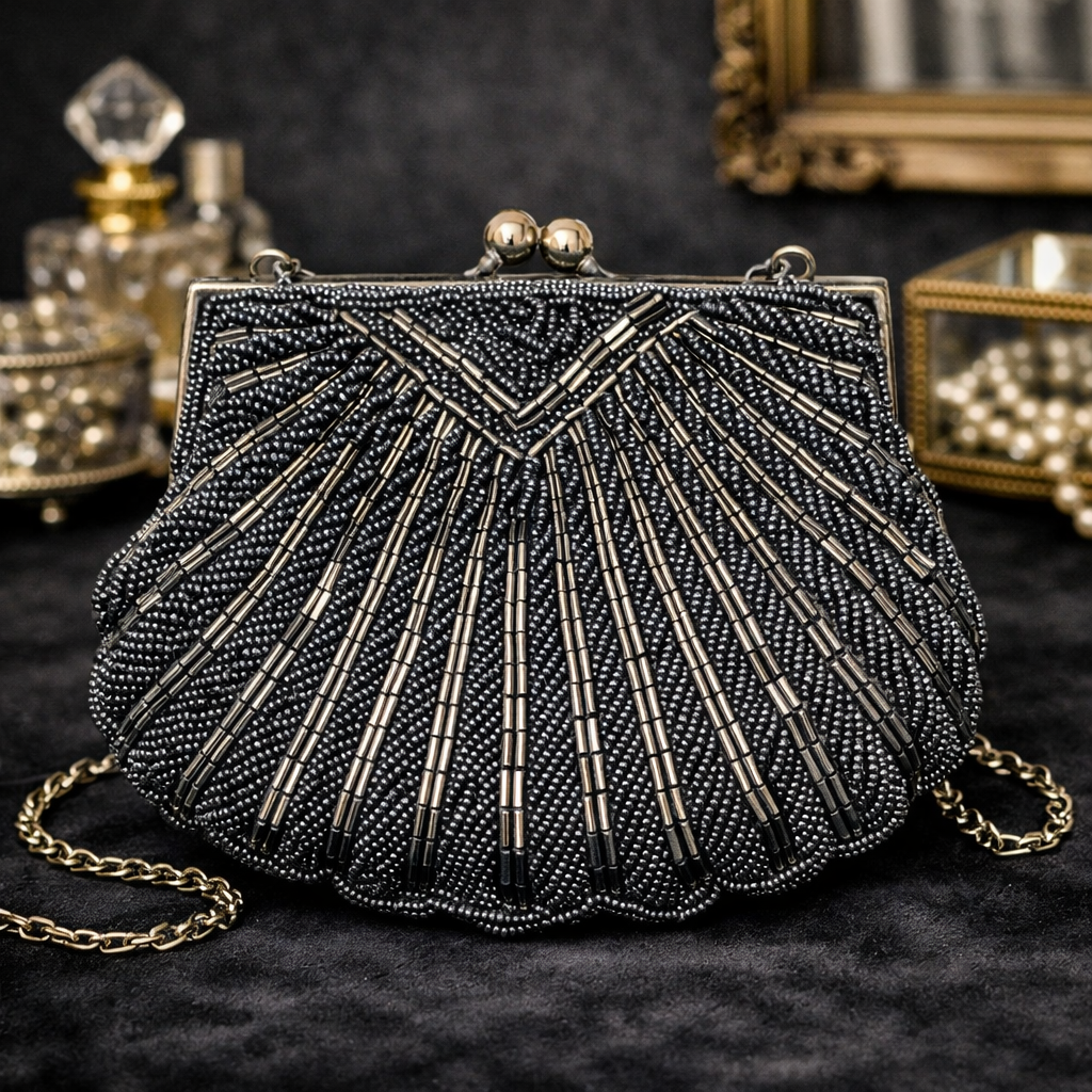 La Regale Vintage Black Beaded Evening Bag with Chain Strap Small Formal Purse