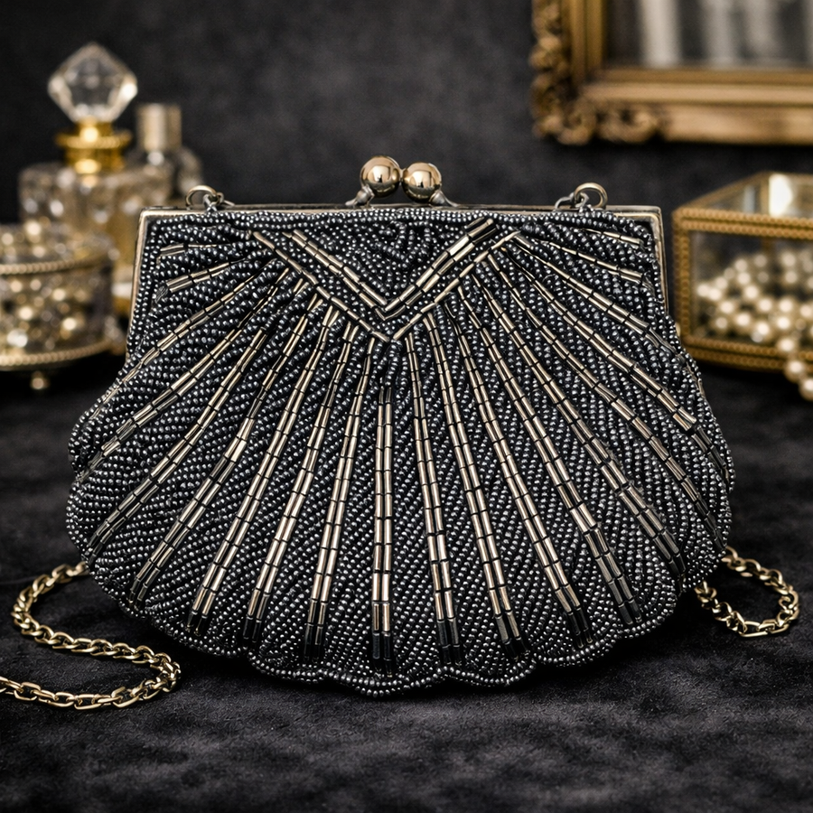 La Regale black and gunmetal beaded evening bag with fan pattern, scalloped edge and chain strap