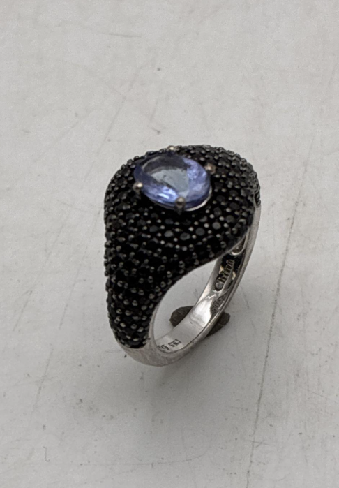 Sterling Silver Iolite Center Black Crystal Pavé Ring Size 5 (925 SNJ)