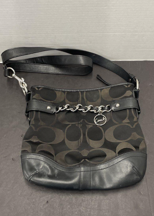 Coach Signature C Canvas Crossbody Bag | Black Leather Trim Chain Accent Shoulder Purse