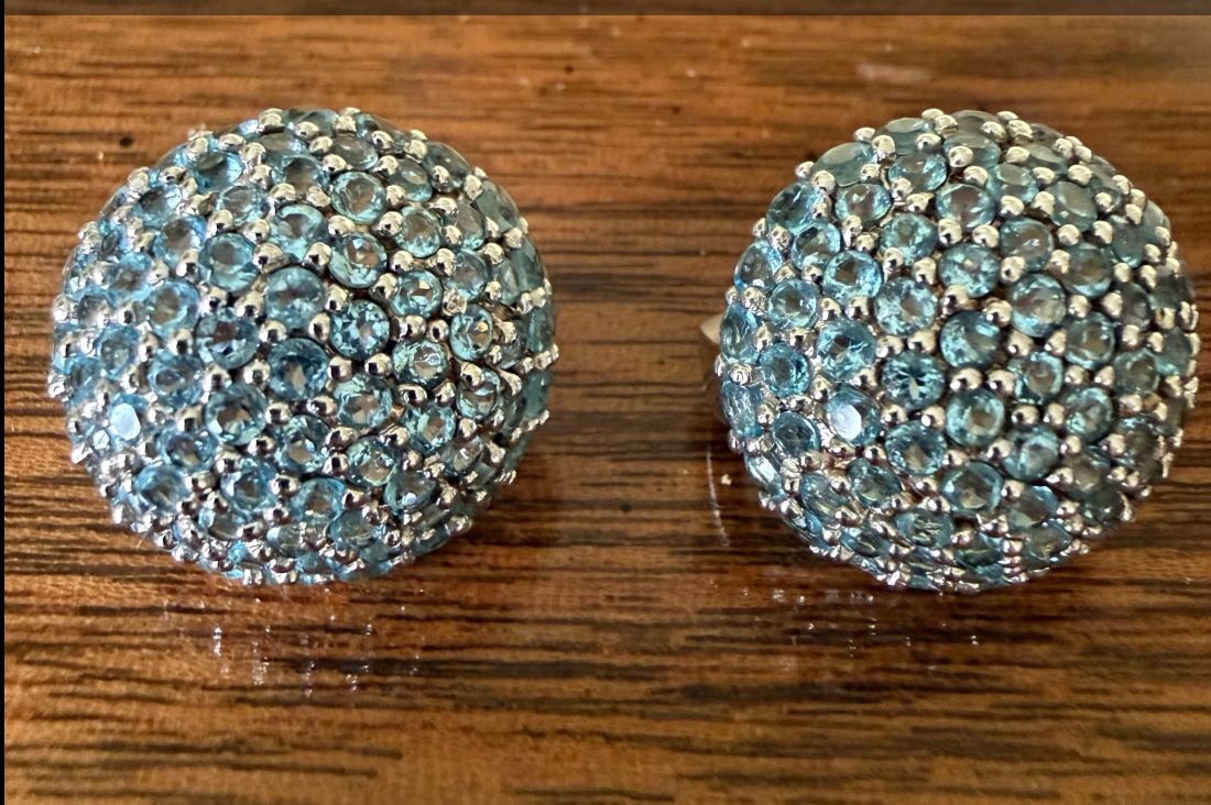 Sterling Silver 925 Pavé Blue Stone Dome Earrings with French Back Clips