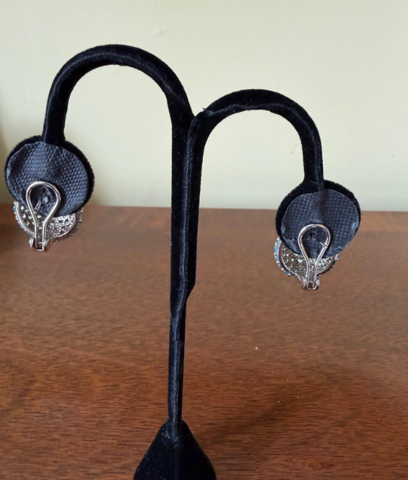 Sterling Silver 925 Pavé Blue Stone Dome Earrings with French Back Clips