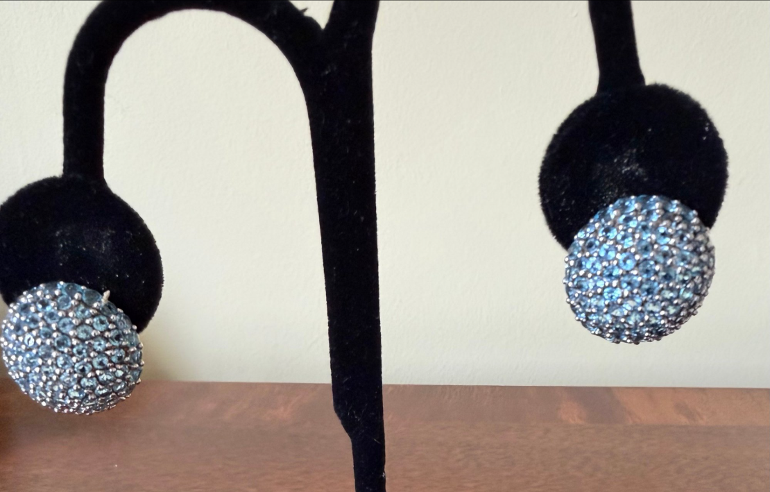 Sterling Silver 925 Pavé Blue Stone Dome Earrings with French Back Clips